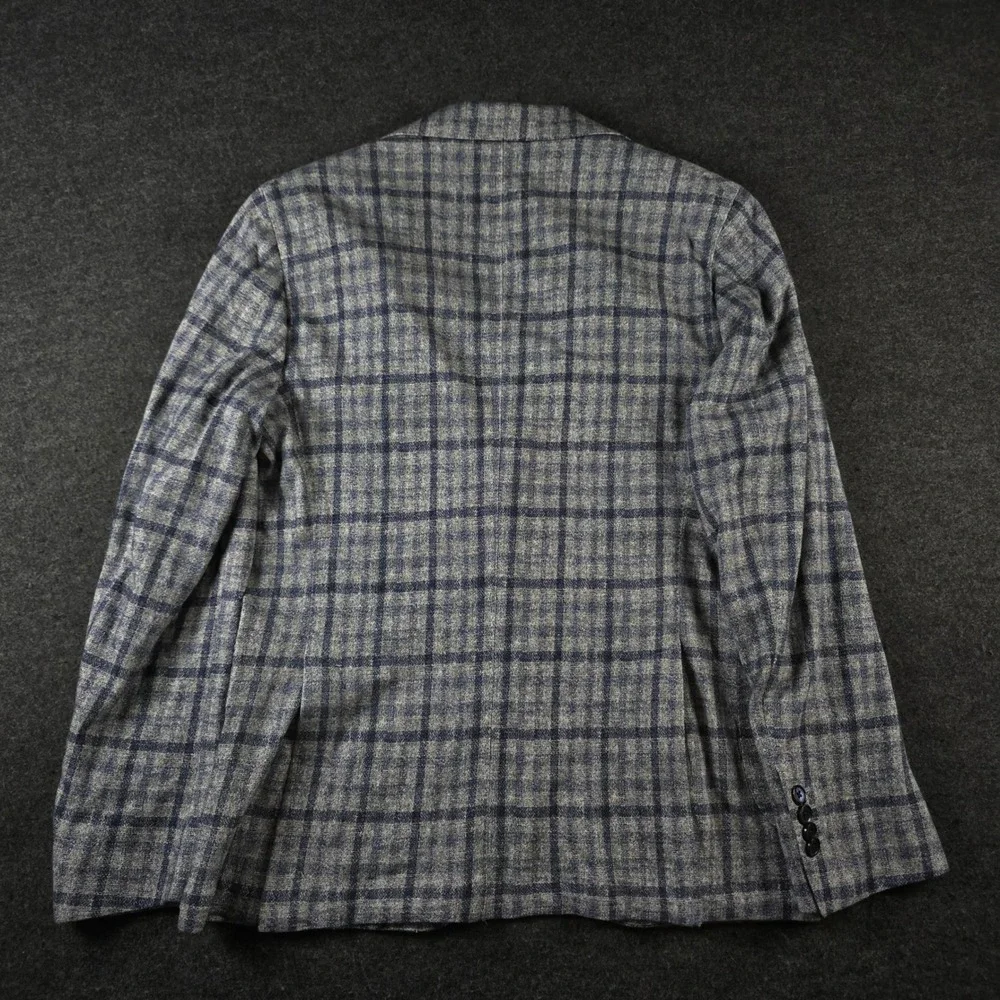 Lubiam Blue Grey Plaid Blazer Unstructured Sport Coat Cotton Mens 50R (fits 38R)
